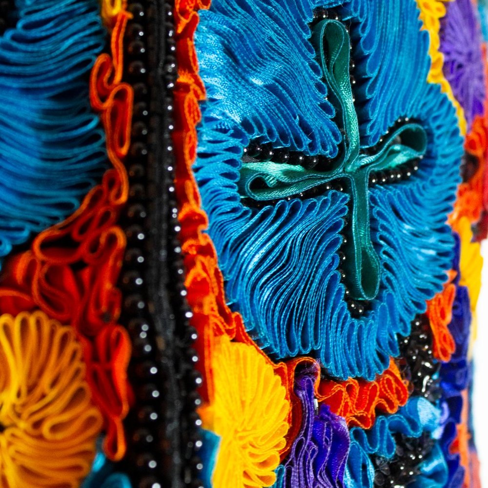 Vintage Vest Cache Silk Wearable Art ribbon Large 80s blue red yellow - Picture 6 of 12